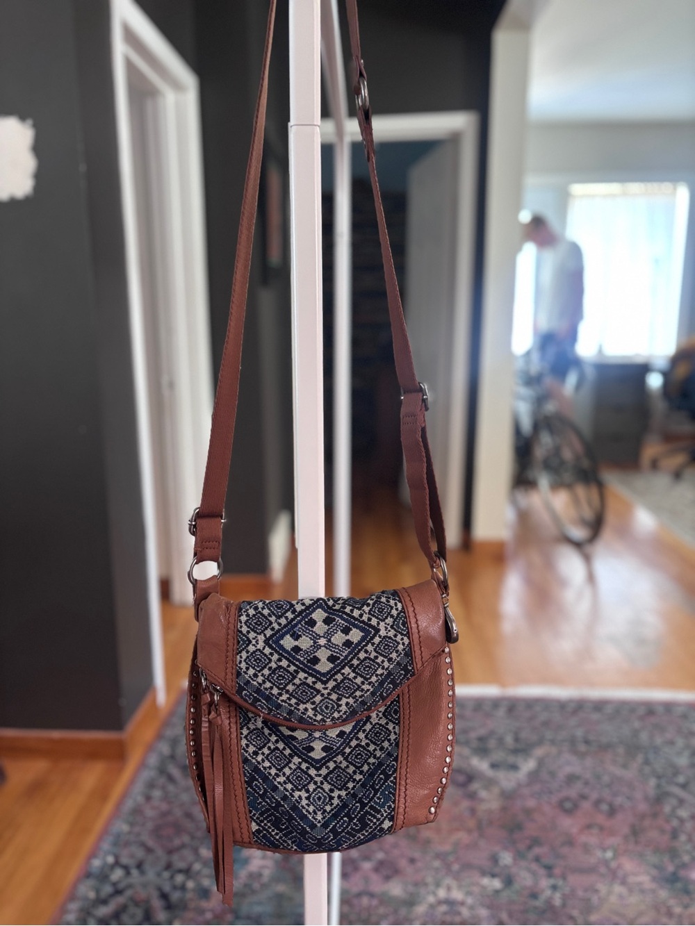 The Sak Brown Leather-Trim Navy Patterned Crossbody Bag